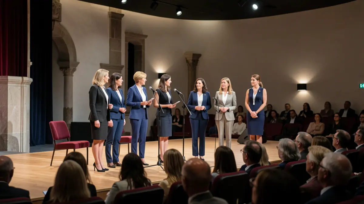 Imagen de seis mujeres líderes políticas en un auditorio.