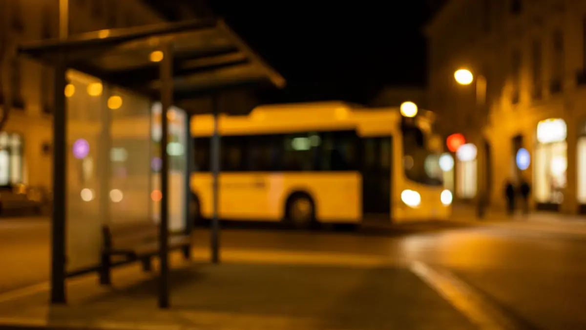 Generic image of a nighttime bus stop with a special bus.