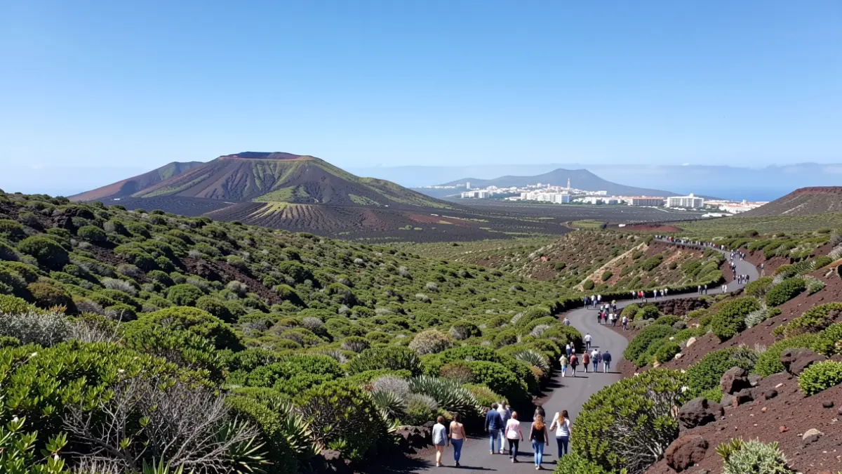 Volcanic landscape of Tenerife with vegetation and local architecture.