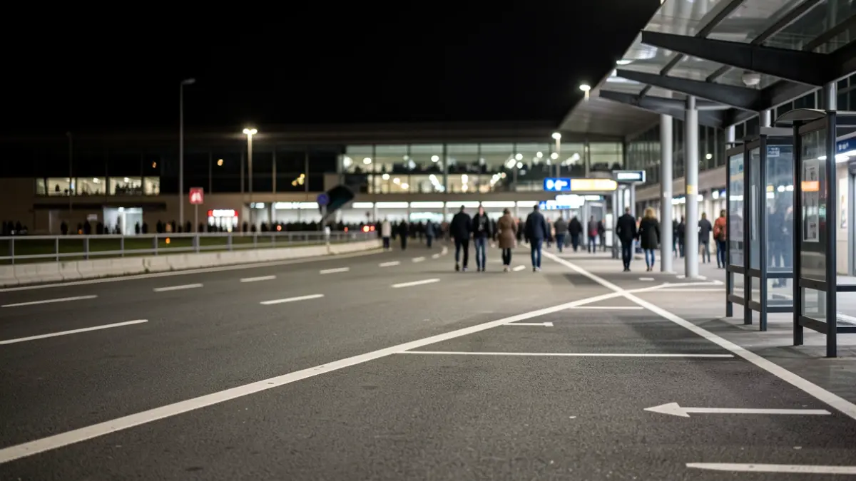 Waiting area for discretionary transport at an airport, with night lighting.