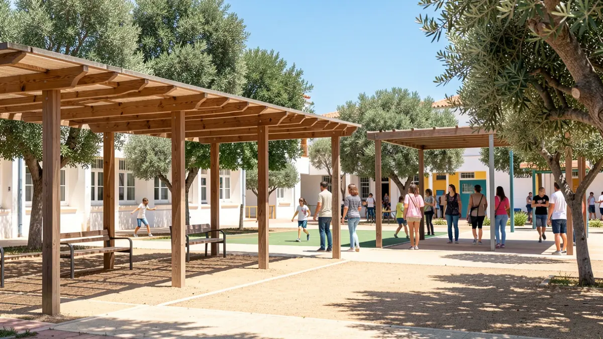 Imagen de un patio escolar en Canarias con zonas de sombra recién instaladas.