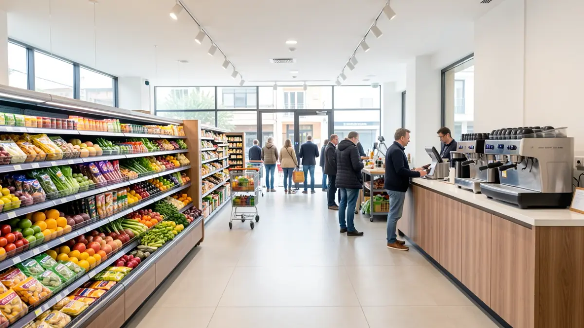 Image of the new Spar City Perdomo store in Triana, Las Palmas de Gran Canaria, showing its modern aisles and coffee area.