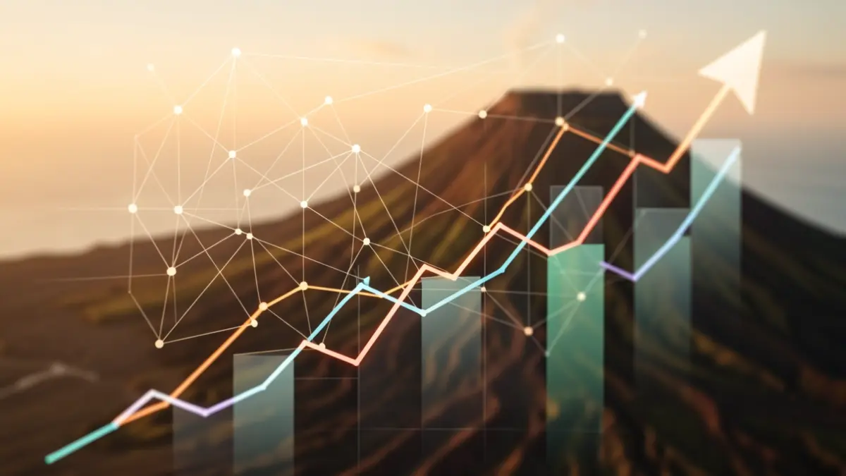 Generic image of innovation and economic growth with abstract elements and a volcanic island landscape.