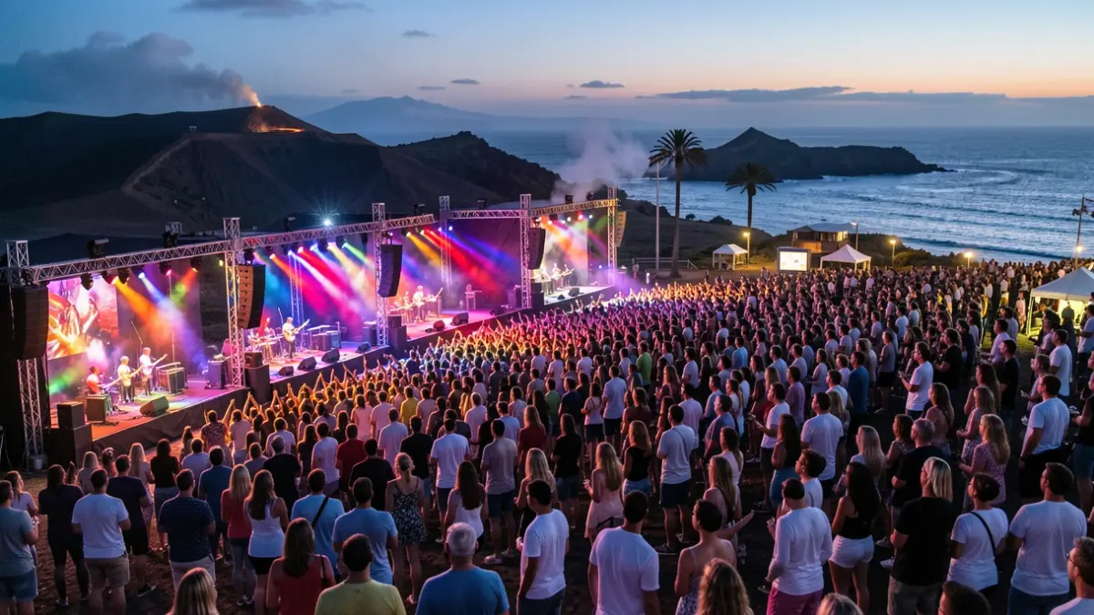 Generic image of a music festival in Canarias with multiple stages and crowd.