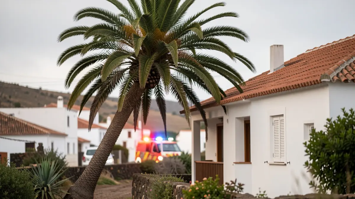 Large palm tree leaning over the roof of a house in Santa Brígida, Gran Canaria, with emergency lights.