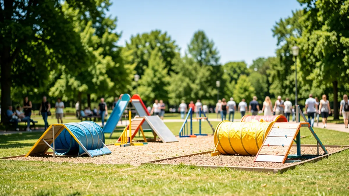 Generic image of a dog park with equipment for dogs.