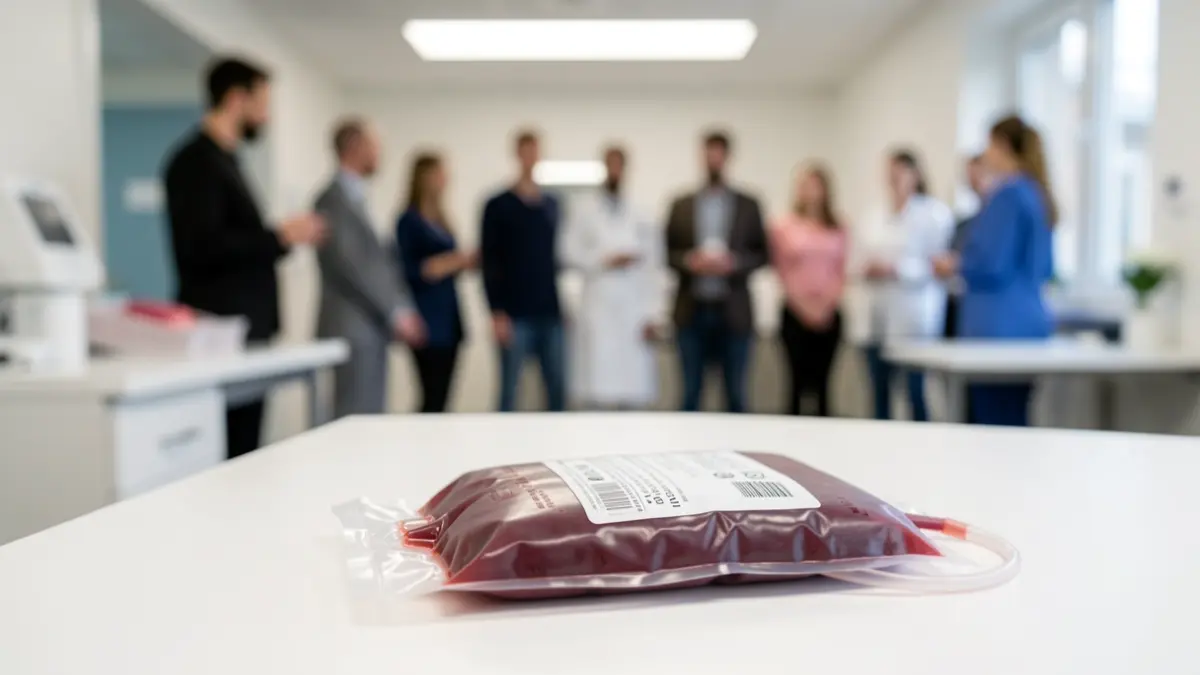 Generic image of a blood donation bag in a clinical setting.
