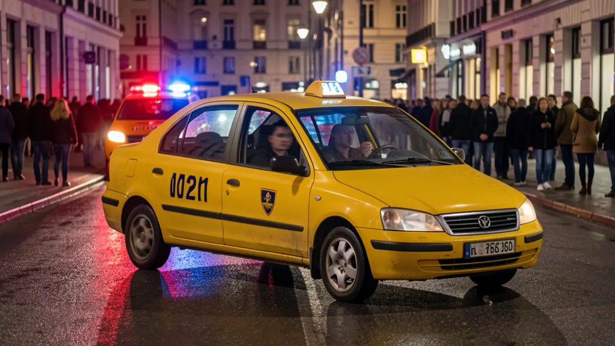 Damaged taxi driving without a tire and with passengers in Las Palmas de Gran Canaria, with police lights.