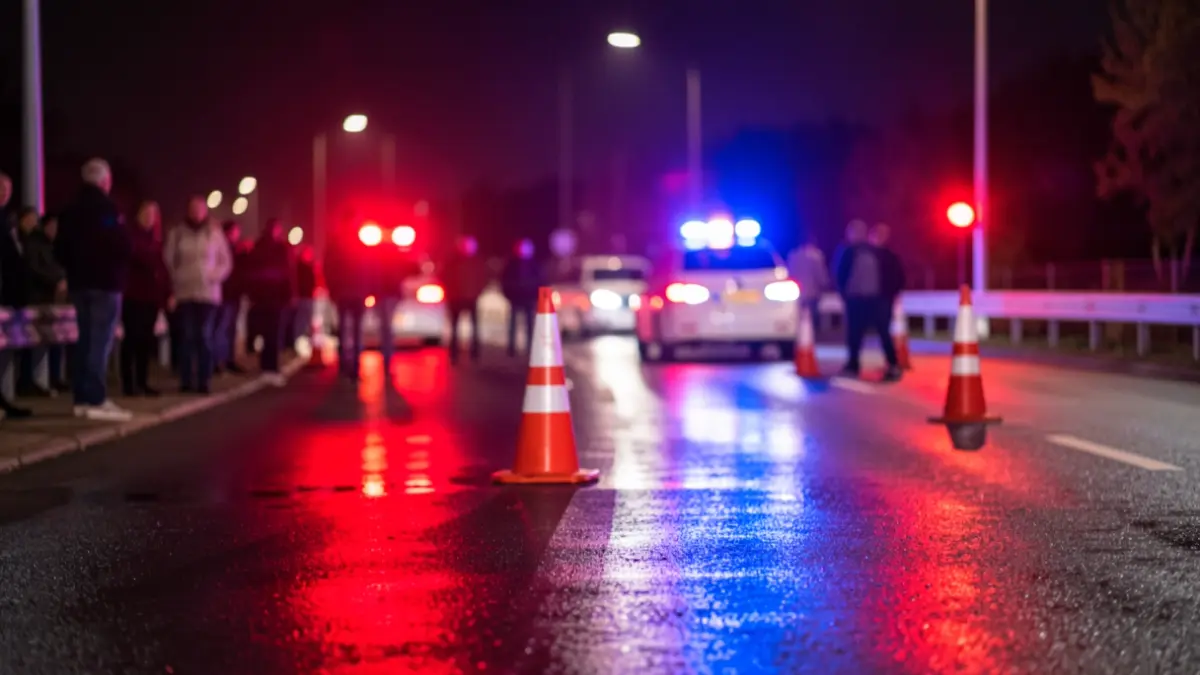 Generic image of police emergency lights reflecting on wet asphalt at night.