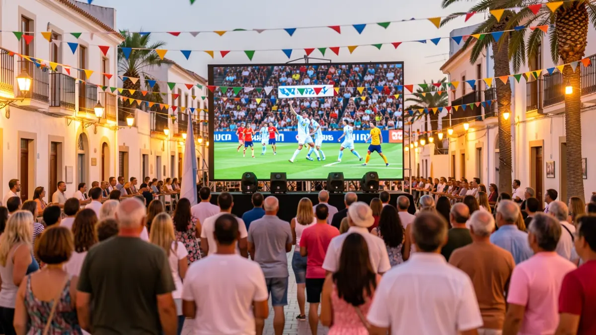 Generic image of a town square in the Canary Islands with people watching a football match on a giant screen.
