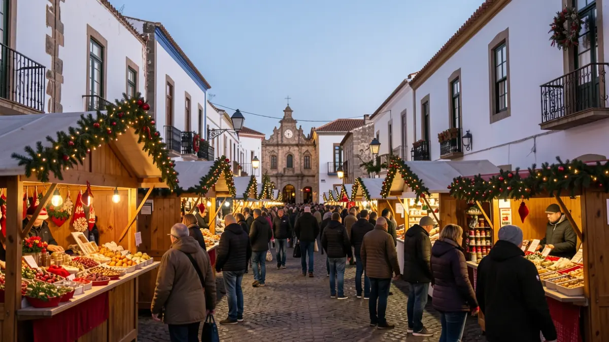 Traditional Christmas market stalls in the historic center of Teguise, Lanzarote, with festive decorations.