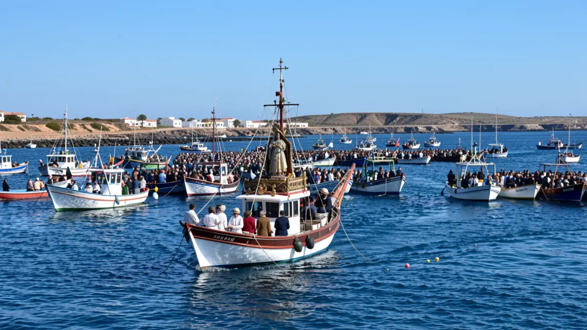 Procesión marítima de Nuestra Señora del Carmen en La Graciosa, rodeada de barcos.