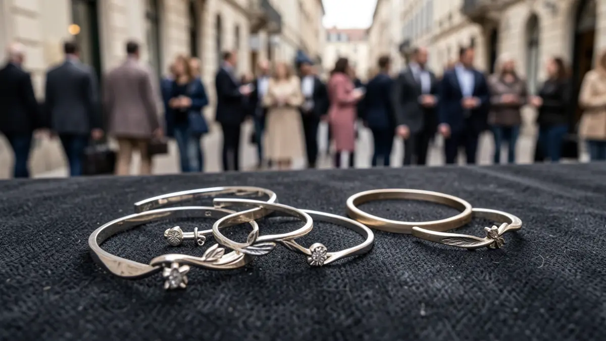 Close-up of elegant, timeless jewelry pieces with subtle nature-inspired motifs.