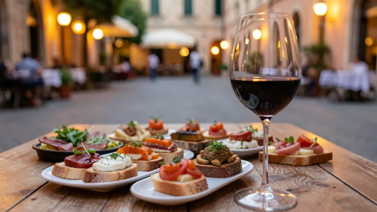 Generic image of a table with tapas and wine in an outdoor plaza setting.