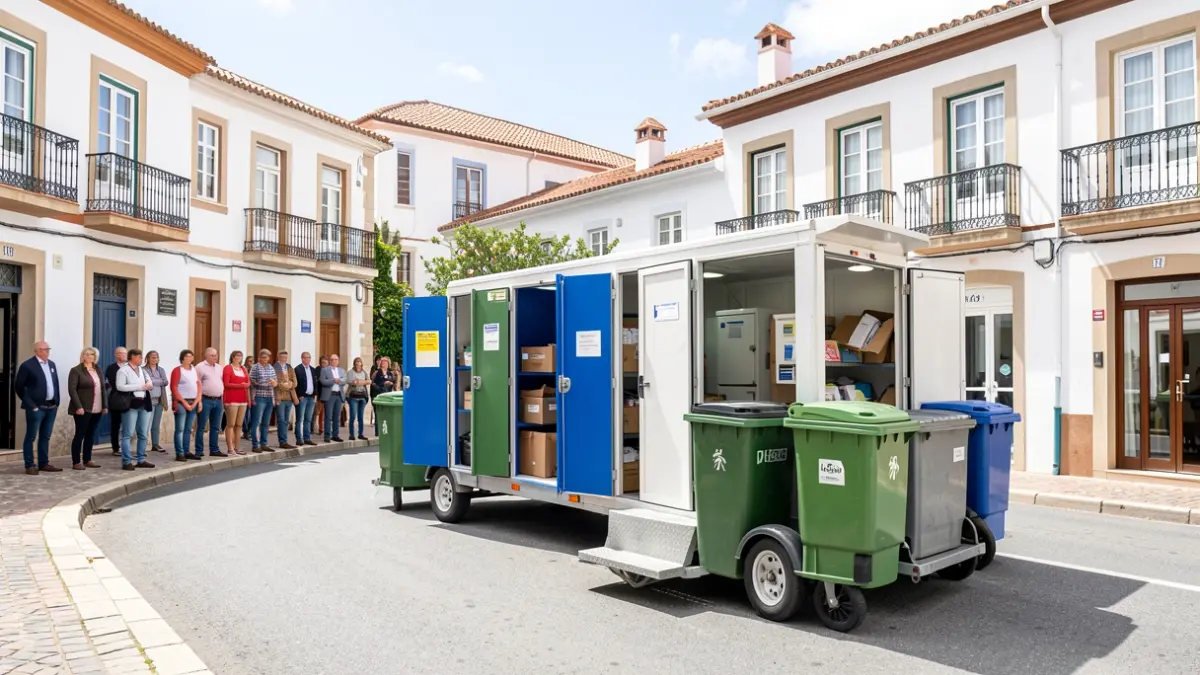 Punto limpio itinerante instalado en una calle de Telde con edificios tradicionales.