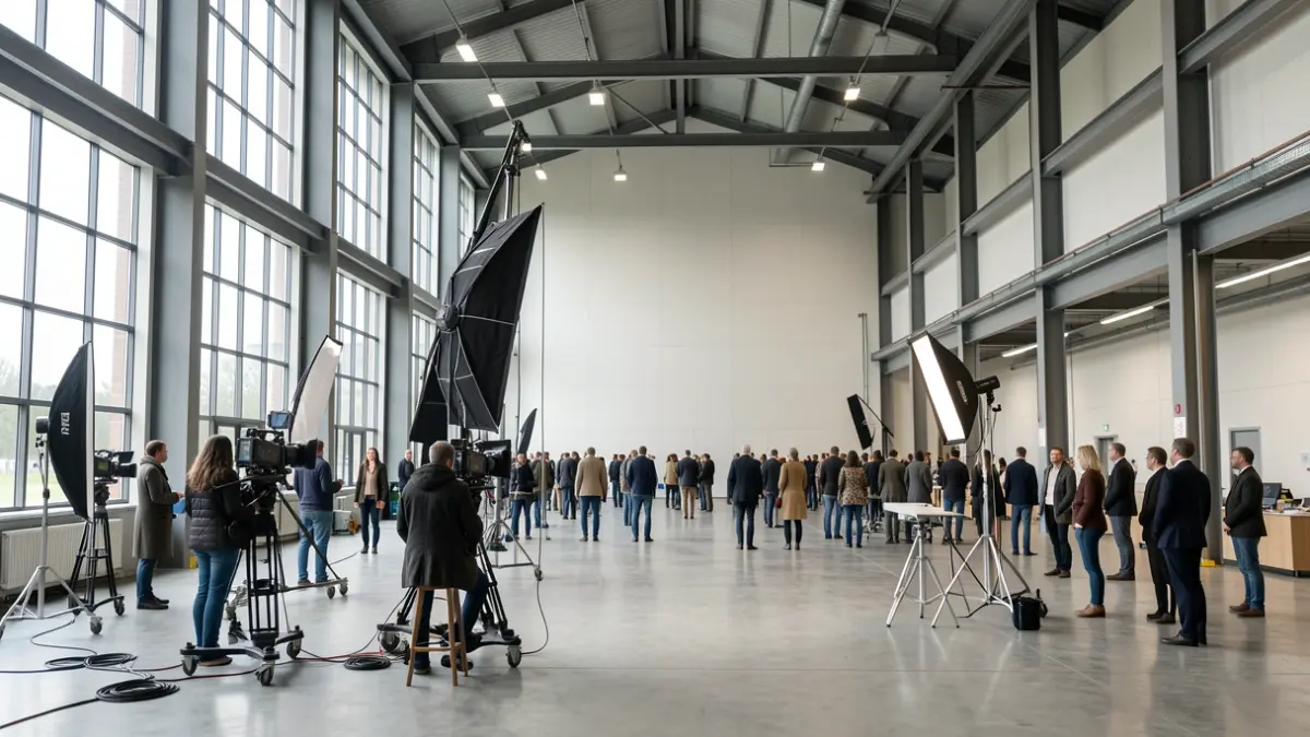 Interior de una nave industrial adaptada para rodajes cinematográficos.