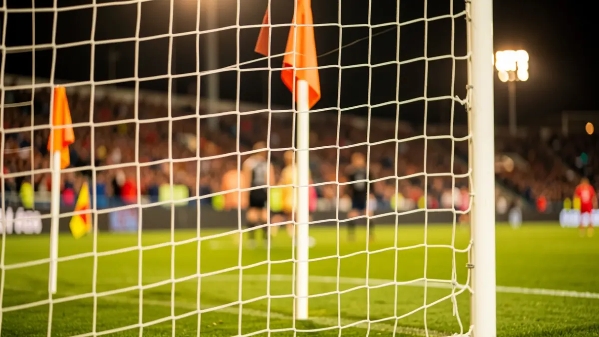 Redes de portería de fútbol y banderines de córner en un campo deportivo.