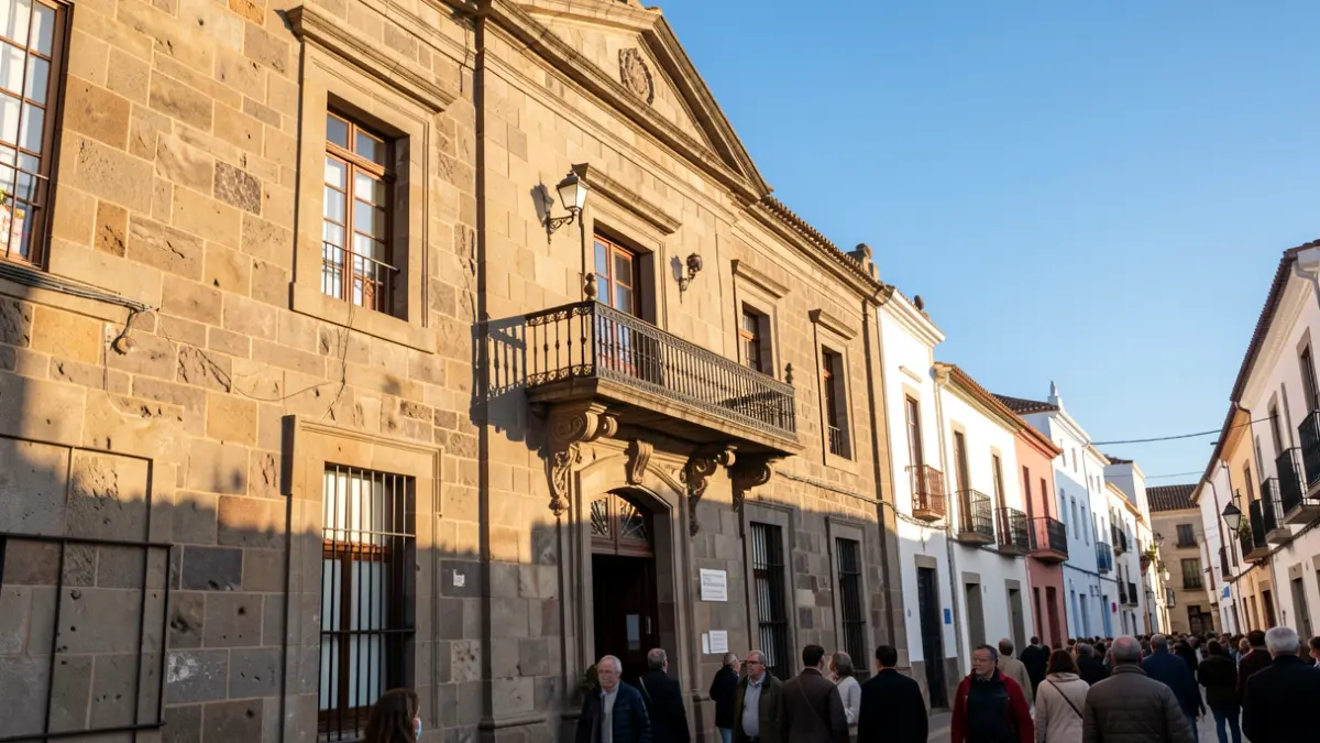 Facade of a traditional Canarian town hall with a balcony and blue sky.