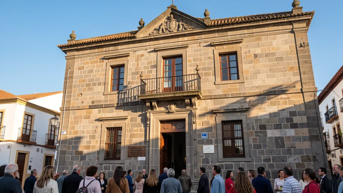 Facade of a traditional Canarian town hall with stone architecture and an ornate balcony, in warm afternoon light.