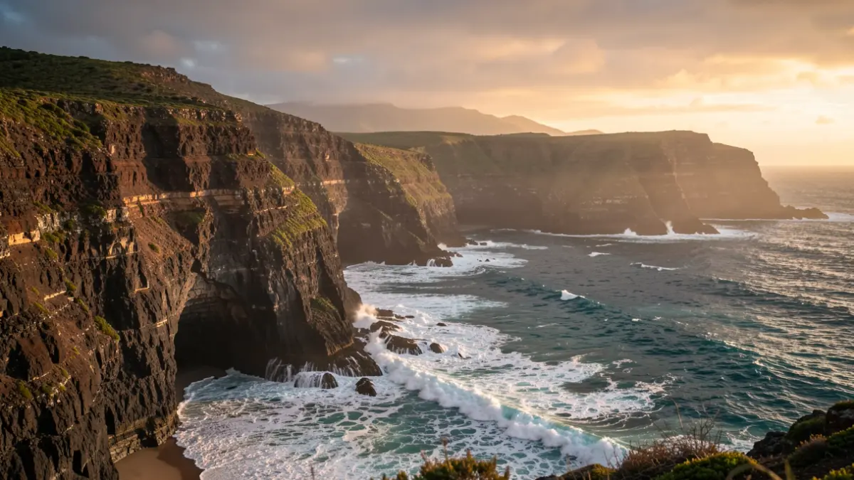 Dramatic coastal landscape in Telde, Gran Canaria, with cliffs and waves breaking at Playa del Hombre and Hoya del Pozo, evoking a mystical and cinematic aura.