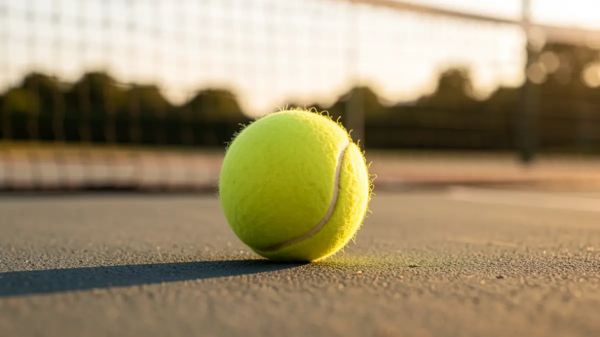 Generic image of a tennis ball on a hard court surface.