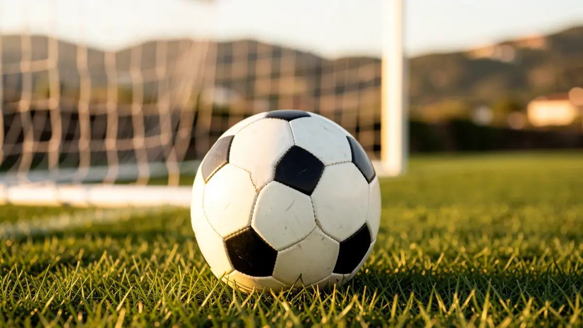 Generic image of a soccer ball on grass with the net in the background.