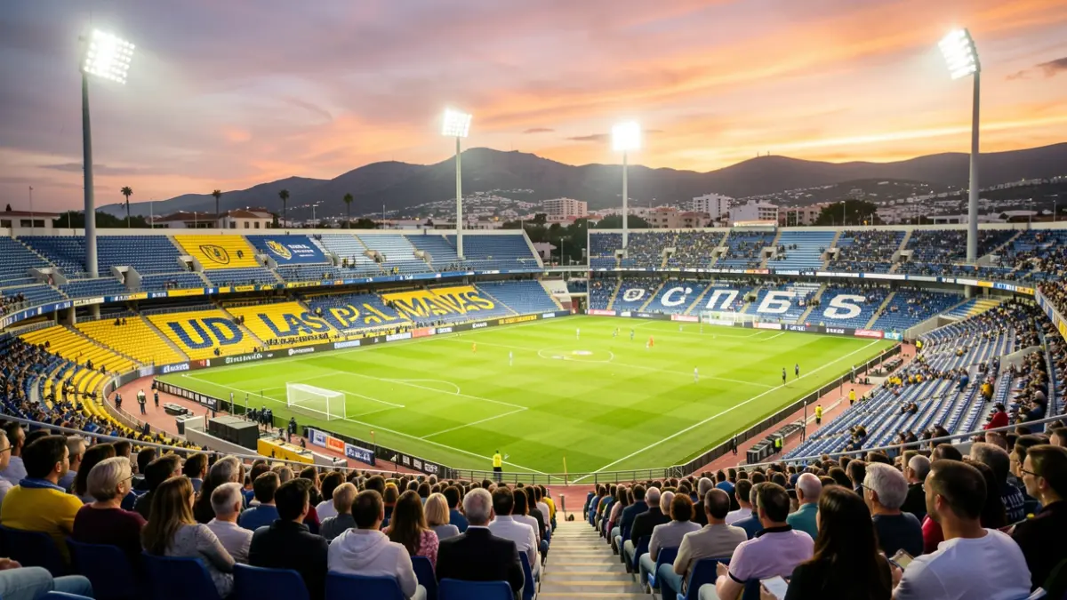 Imagen genérica de un estadio de fútbol en Canarias al atardecer.