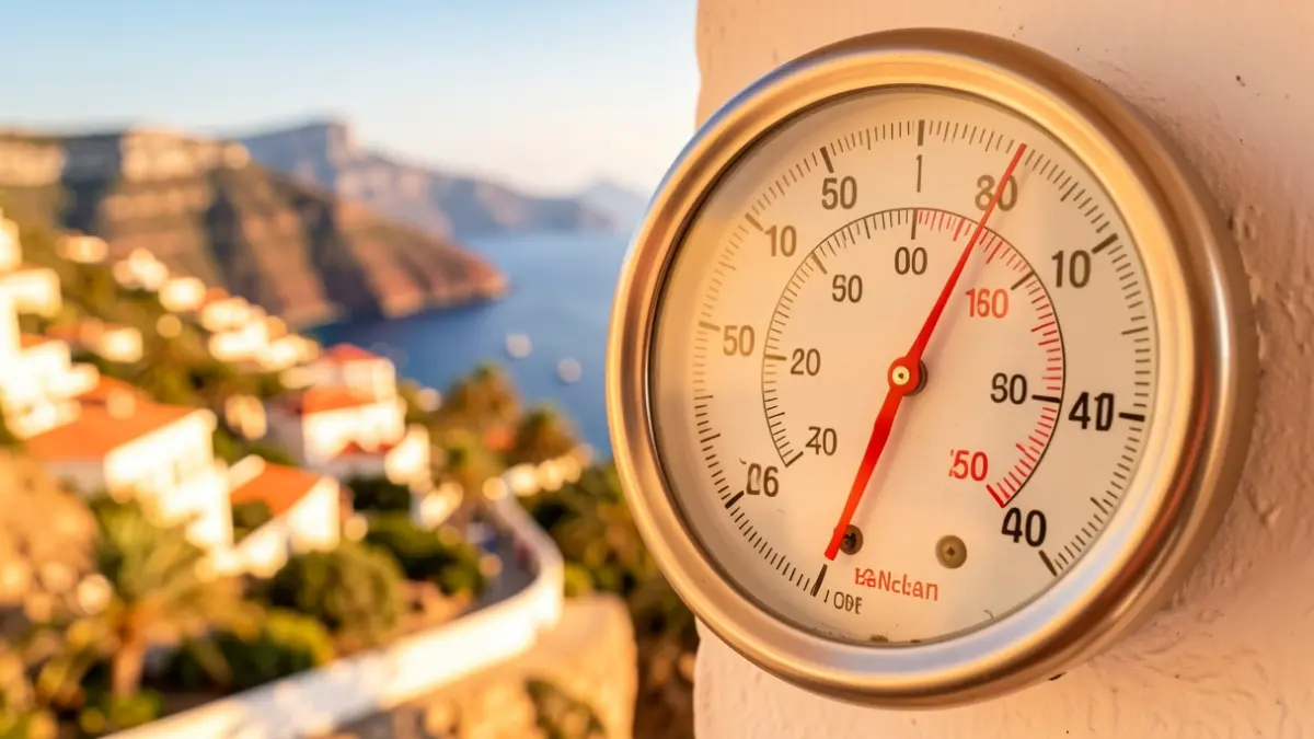 Termómetro marcando alta temperatura con paisaje soleado de Canarias de fondo.