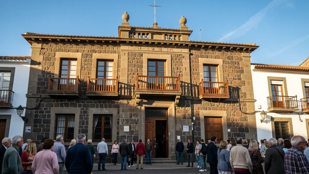 Fachada de un ayuntamiento tradicional canario con arquitectura de piedra y balcones de madera, bajo la luz cálida de la tarde.