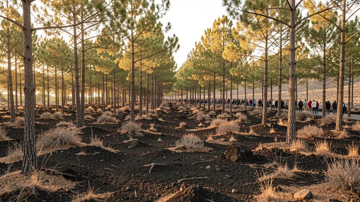 Panoramic view of a pine forest in Tenerife with volcanic soil under golden hour light.