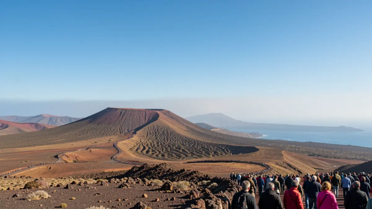 Cielo despejado sobre un paisaje volcánico de Tenerife con ligera calima.