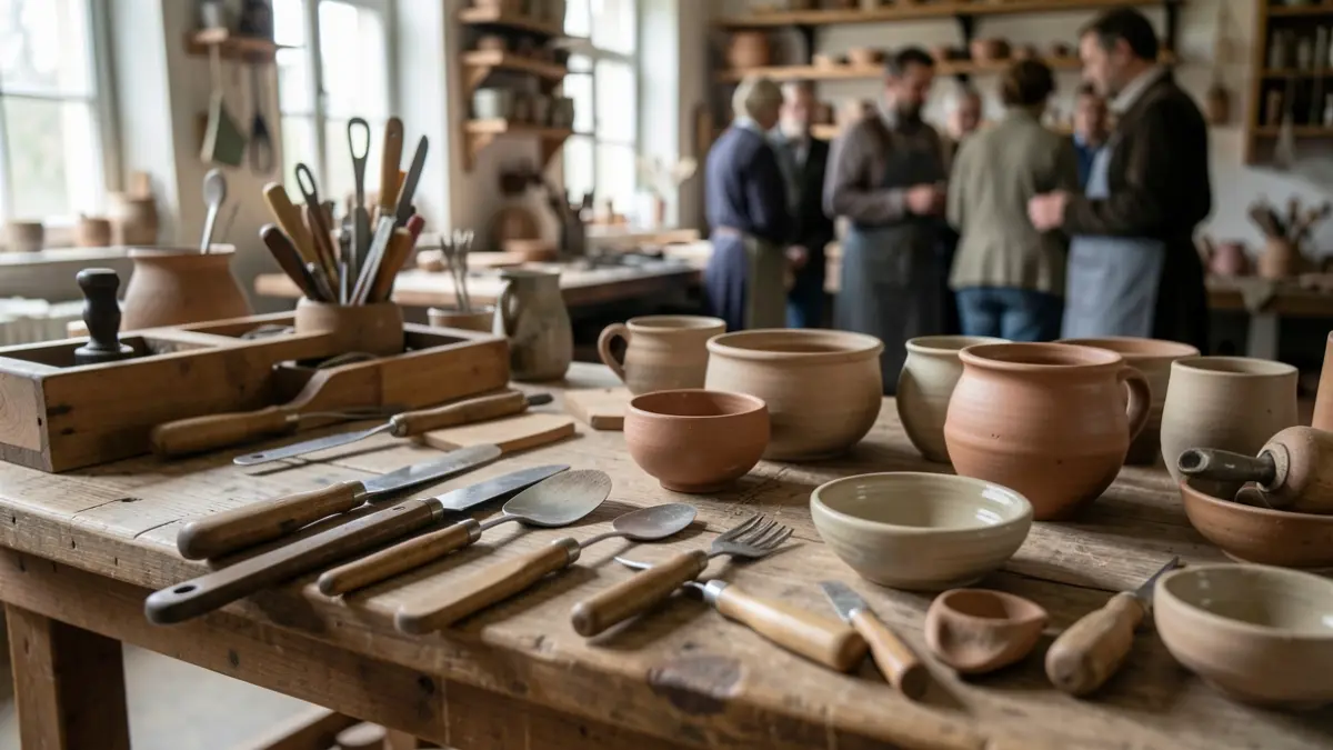 Imagen genérica de herramientas de artesanía y piezas de cerámica en un taller.