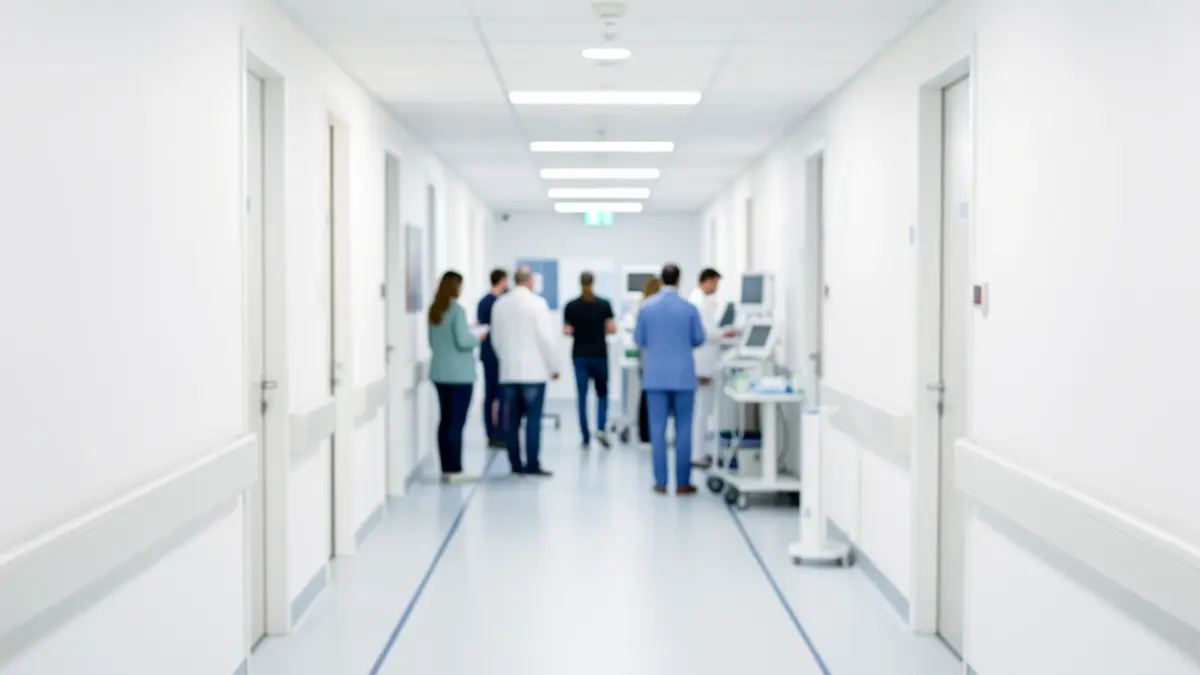 Generic image of a modern hospital corridor with medical equipment.