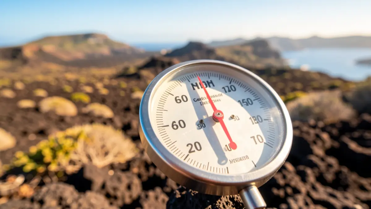 Thermometer showing high temperature with a volcanic landscape of the Canary Islands in the background.