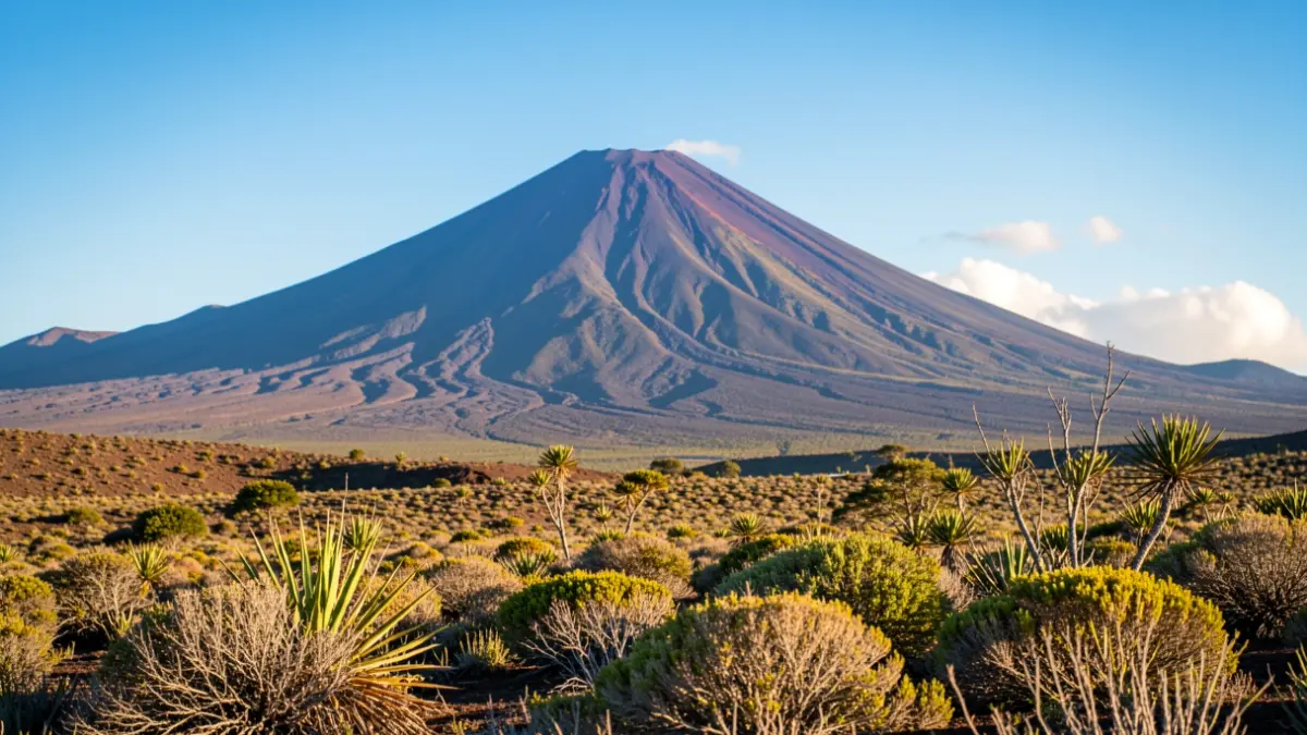 Paisaje volcánico de Tenerife con el Teide al fondo y vegetación subtropical.