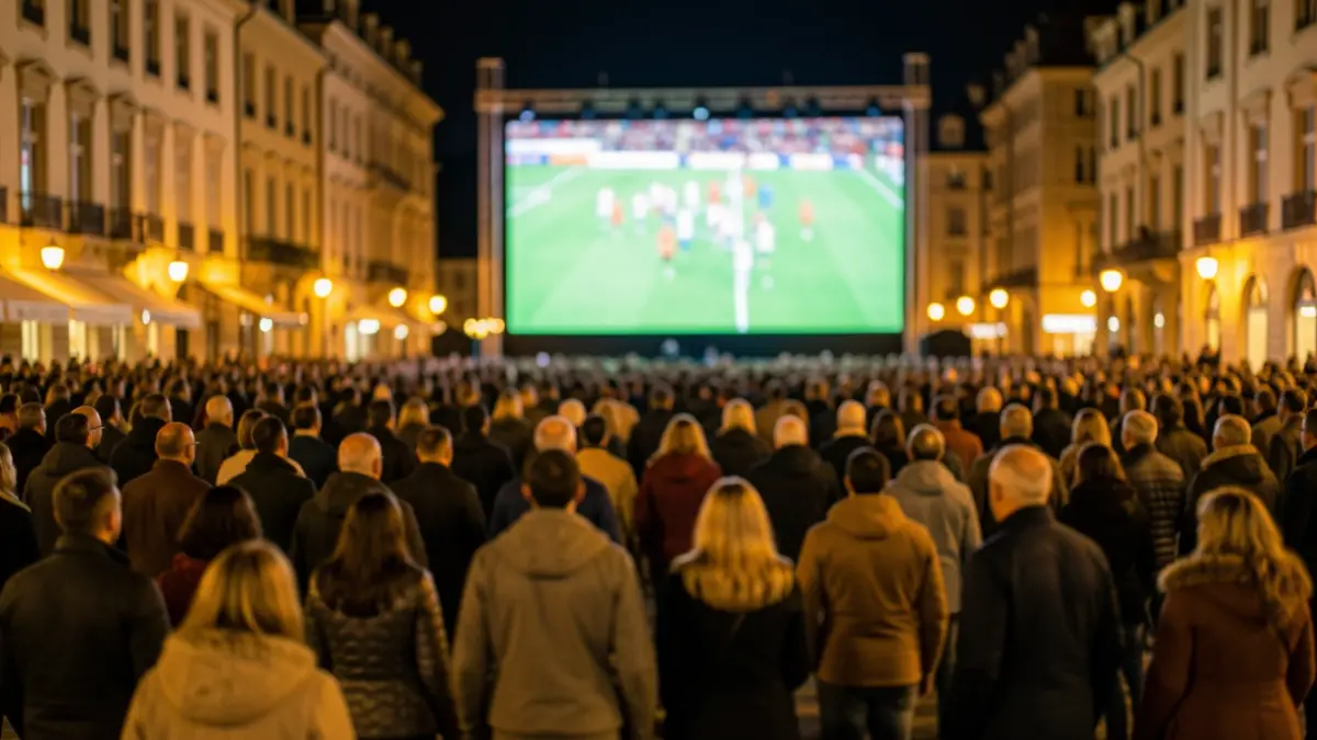 Generic image of a crowd watching a football match on a giant screen at night.