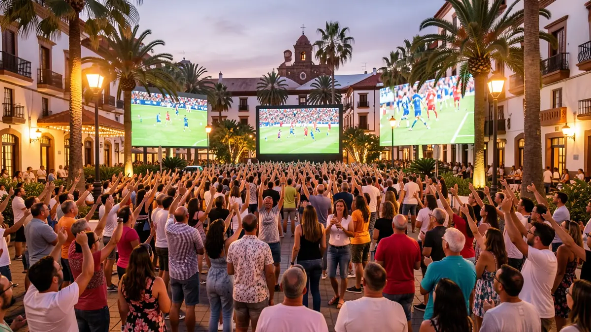 Imagen genérica de una plaza pública en Tenerife con pantallas gigantes para ver un partido de fútbol.