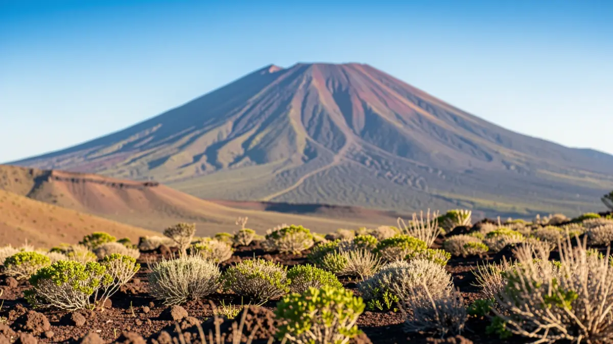 Volcanic landscape of Tenerife with Teide in the background and sparse vegetation.