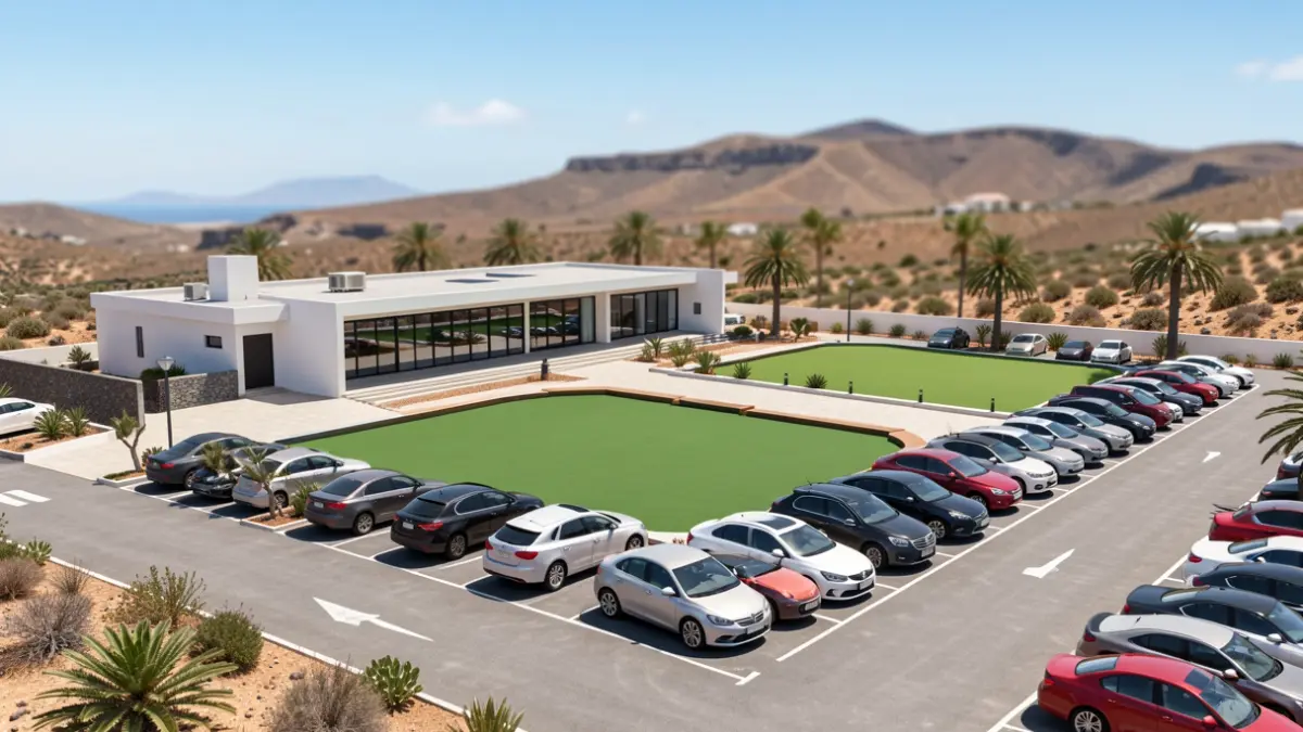 Architectural rendering of a modern socio-cultural center in Yaiza.