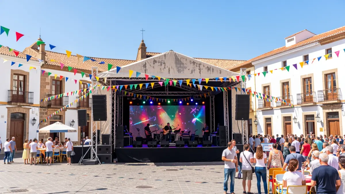 Outdoor festival stage in a historic Canarian square with traditional architecture.
