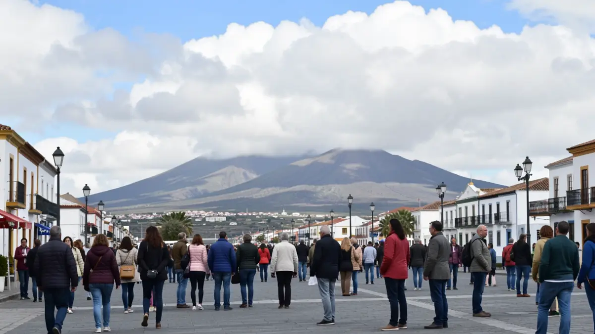Cielo parcialmente nublado sobre San Cristóbal de La Laguna con paisaje volcánico al fondo.