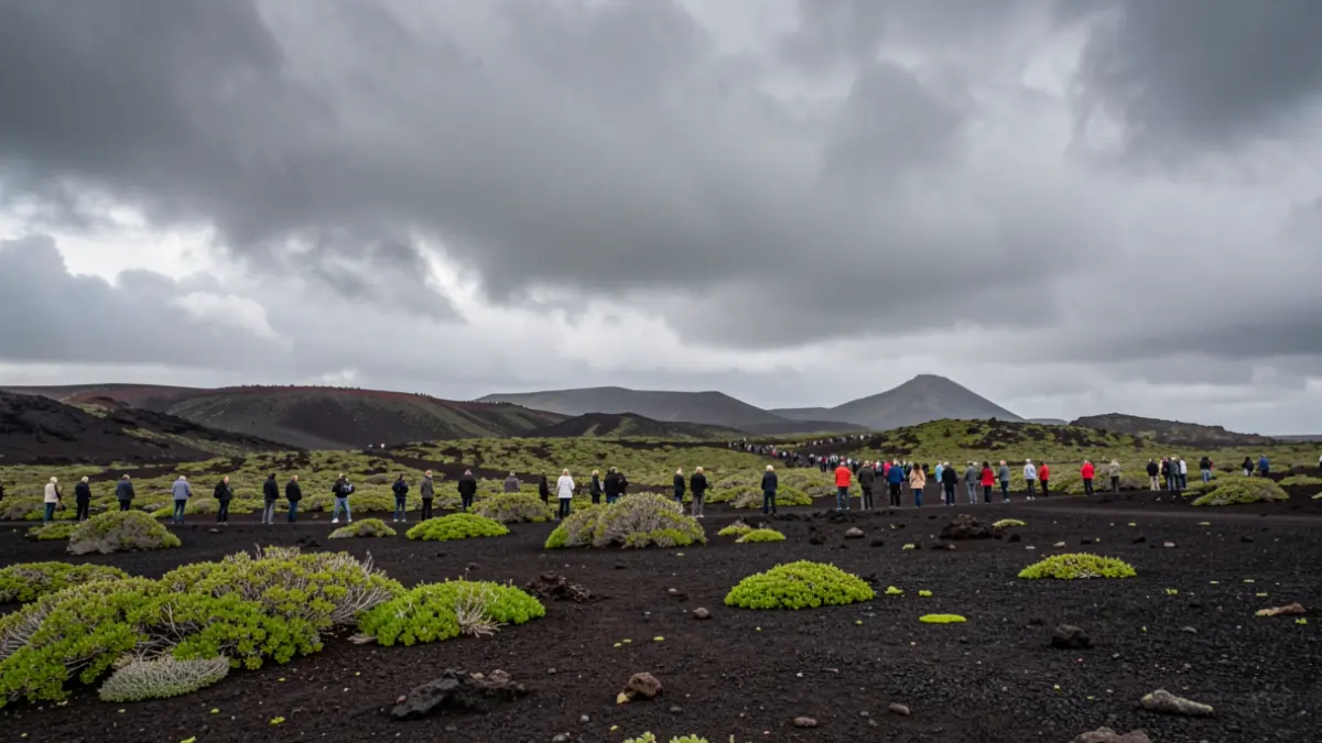 Cloudy sky over the volcanic landscape of Tinajo, Lanzarote.