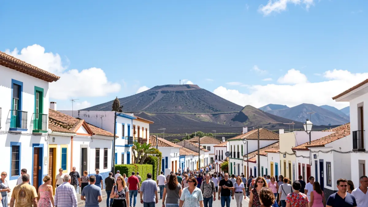 Cielo despejado sobre un pueblo de Canarias con arquitectura tradicional.