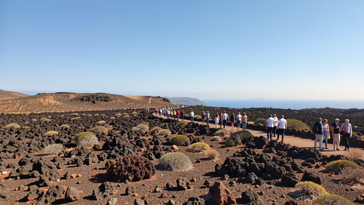 Sunny sky over Yaiza, Lanzarote, with volcanic landscape and a hint of the ocean.