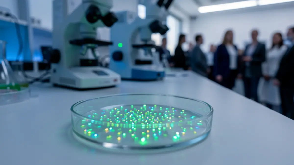 Glowing lanthanide ions in a biomedical research laboratory.
