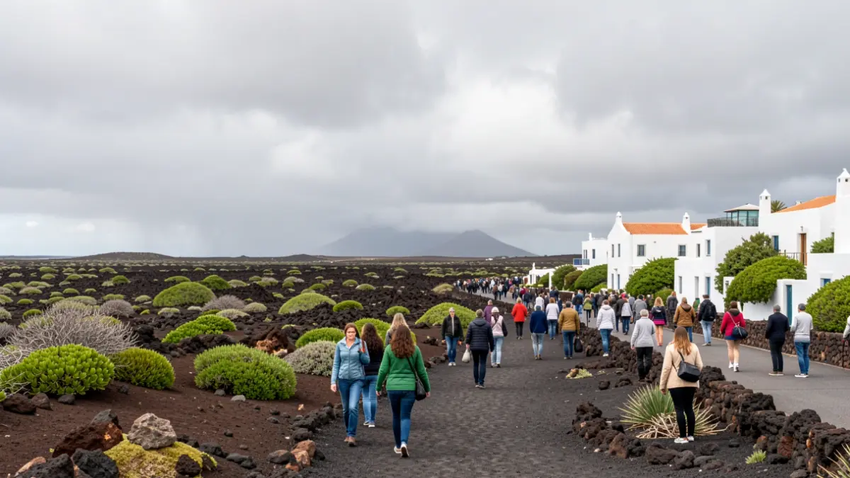 Cloudy sky over a volcanic landscape in Lanzarote with traditional architecture.