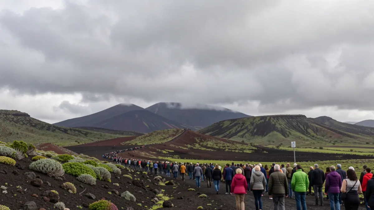 Overcast sky with grey clouds over a volcanic landscape in Canarias.