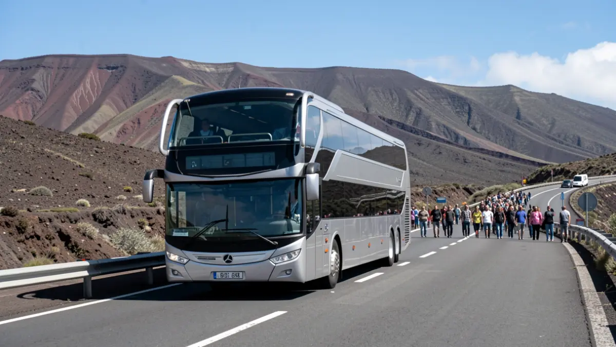 Autobús de dos pisos circulando por una autopista en Tenerife, con paisaje volcánico y cielo azul de fondo.