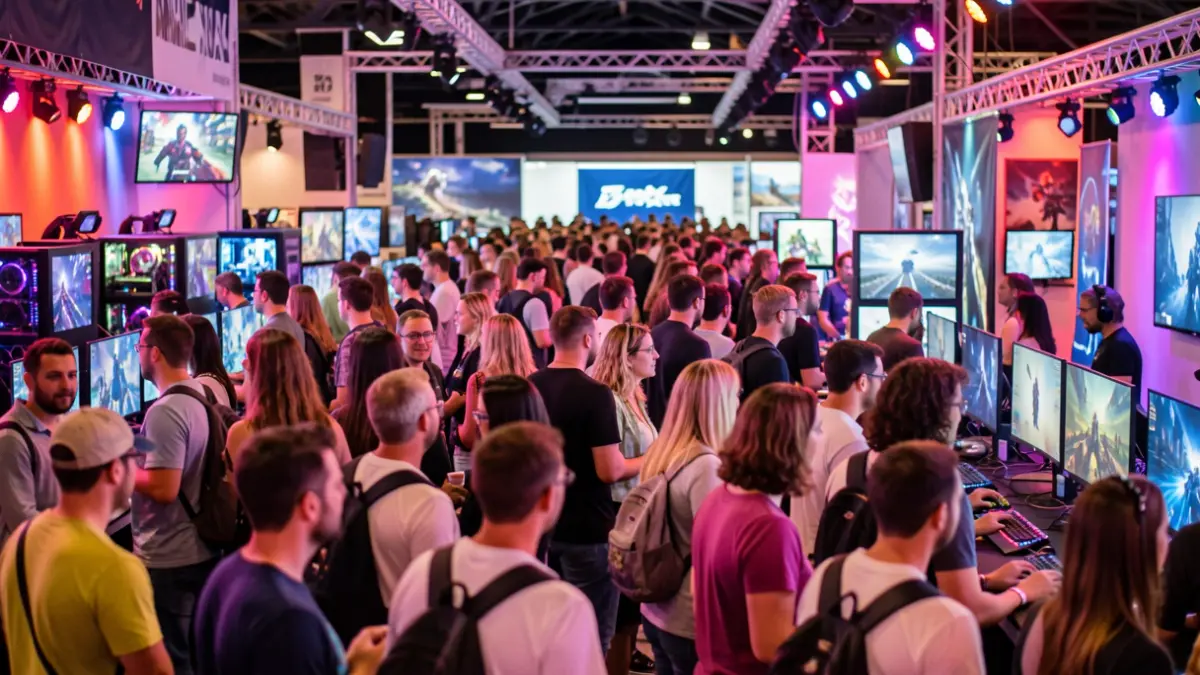 Imagen genérica de un evento de cultura digital con público y zonas de juego.