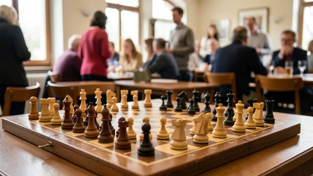 Chessboard with pieces arranged for a game in a community room.